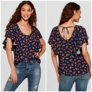 Xhilaration Blue Floral Flutter Sleeve Top